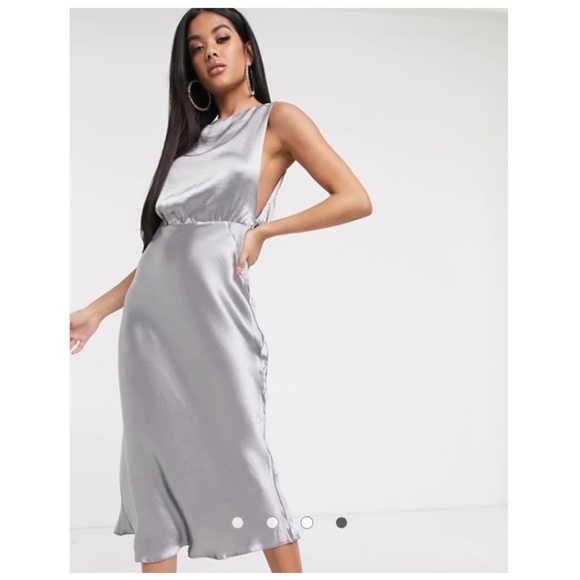 Asos Dark Gray Satin Cowl Back Midi Dress - Picture 2 of 8